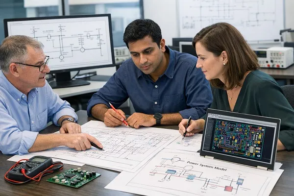 Engineers reviewing electrical schematics, PCB layouts, and power system diagrams in a professional workspace.