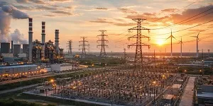 Energy and utility infrastructure with power plants, transmission towers, and wind turbines at sunset, representing Tier2Tek Staffing’s services for the Energy and Utility Provider industry.