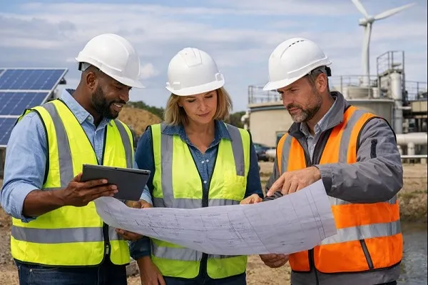 Environmental engineers reviewing site plans at a renewable energy and water treatment facility for direct hire staffing support