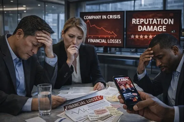 Corporate executives reviewing financial reports and public impact documents in a professional office setting