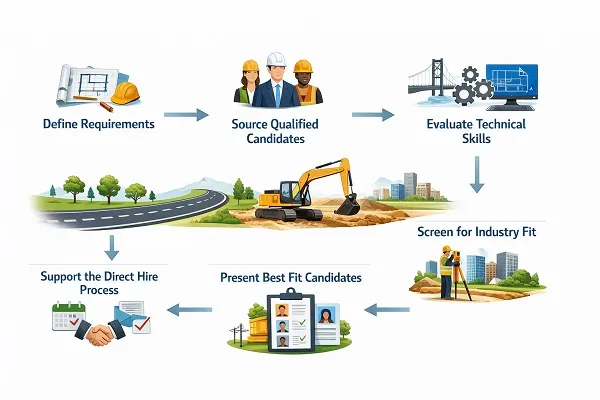 Civil engineer staffing workflow showing direct hire recruiting steps for engineering employers