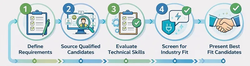 Visual workflow graphic showing five steps of the electrical engineer staffing process with icons for requirements, sourcing, skills evaluation, industry screening, and candidate selection.