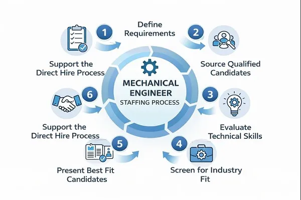 Mechanical engineer staffing workflow showing six-step direct hire recruitment process.