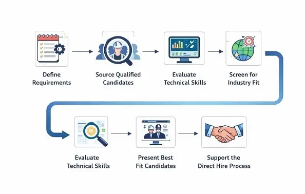 Petroleum engineer staffing workflow showing direct hire recruitment process