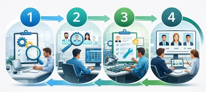 Four-step recruitment process graphic with realistic images showing stages from initial meeting to candidate selection.