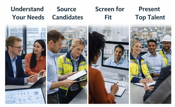 Industrial engineer recruitment process showing sourcing, screening, and talent presentation
