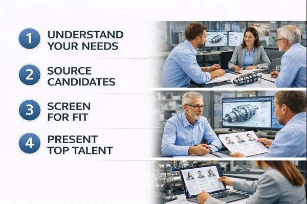 Four-step mechanical engineer recruitment process showing understand needs, source candidates, screen for fit, and present top talent.
