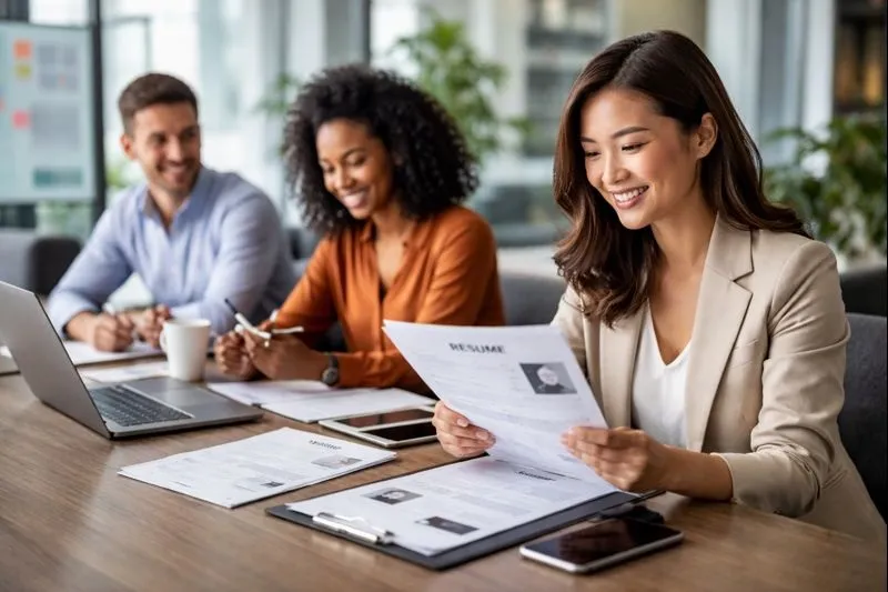 Recruitment team reviewing resumes in a modern office to support fast and scalable hiring solutions by Tier2Tek Staffing
