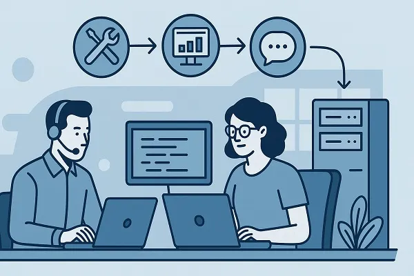 Illustration of IT support technicians working at computers with visual elements representing workflow steps and system processes.