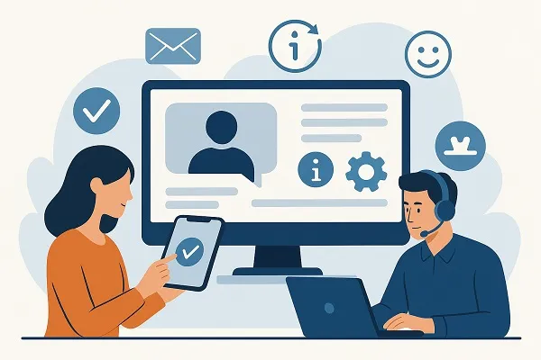 Illustration of a support technician assisting a user, with digital devices and icons representing communication, updates, and smooth user experience.