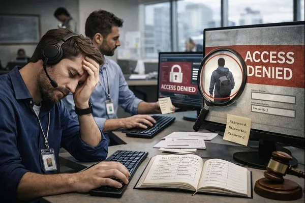 IT staff managing user access issues at workstations with access denied messages in a corporate office