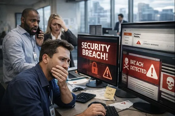 Corporate IT team responding to a security breach alert on multiple monitors in a professional office