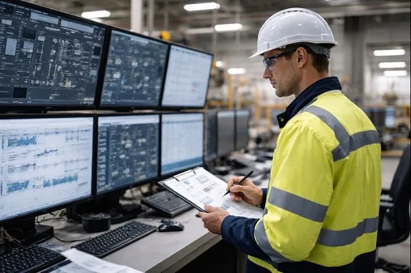 Industrial engineer analyzing manufacturing process data in a control room