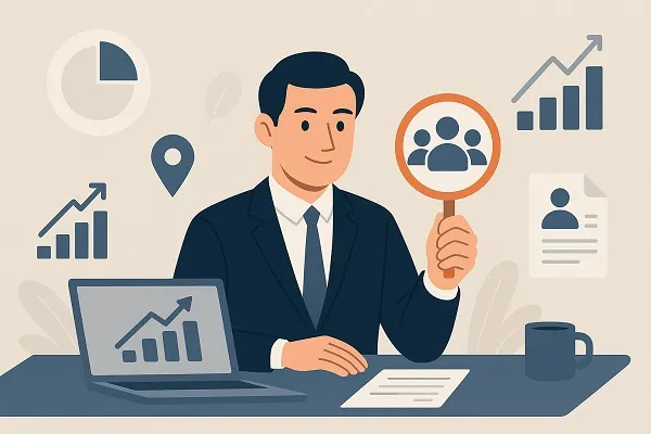 A professional reviewing hiring data with charts, candidate icons and a laptop displaying analytics to represent data driven recruitment decisions.