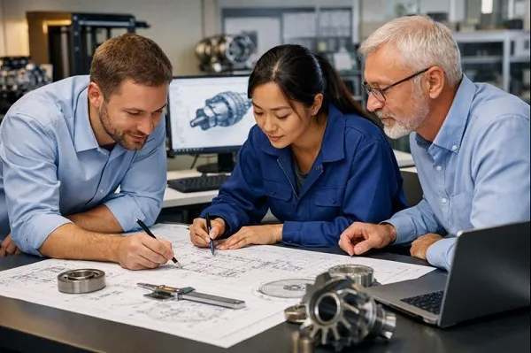 Mechanical engineers collaborating on CAD drawings and mechanical designs in a modern engineering lab.