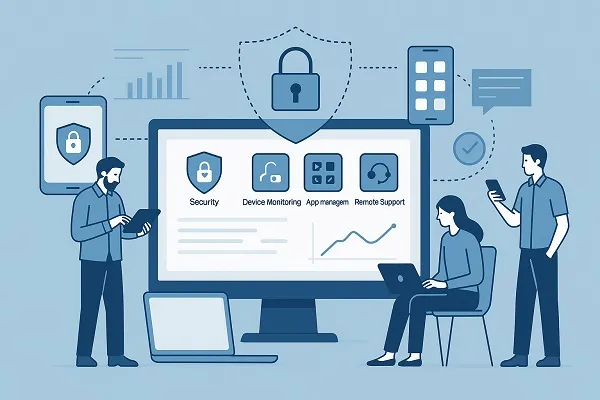 Illustration of Mobile Device Management and IT Support showing secure device oversight, monitoring dashboards, and technicians managing mobile devices.