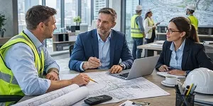 Engineering consulting firm professionals collaborating on civil engineering design and planning