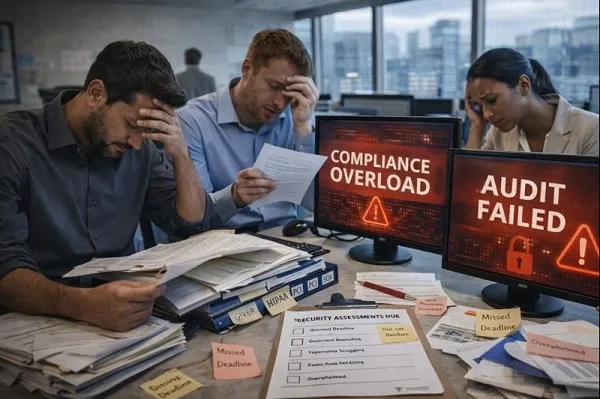 Overworked corporate employees showing signs of stress and fatigue while managing compliance tasks in an office