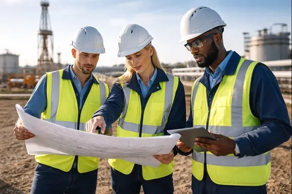 Petroleum engineers reviewing field plans at an active energy facility for direct hire staffing support
