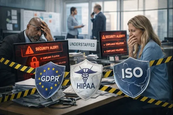 Two professionals in a corporate office react to security alerts on their computer screens, with visible indicators referencing GDPR, HIPAA, and ISO compliance challenges.