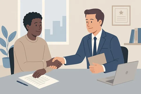 A manager and employee shaking hands during a positive one-on-one meeting, symbolizing support and strong retention for specialized talent.