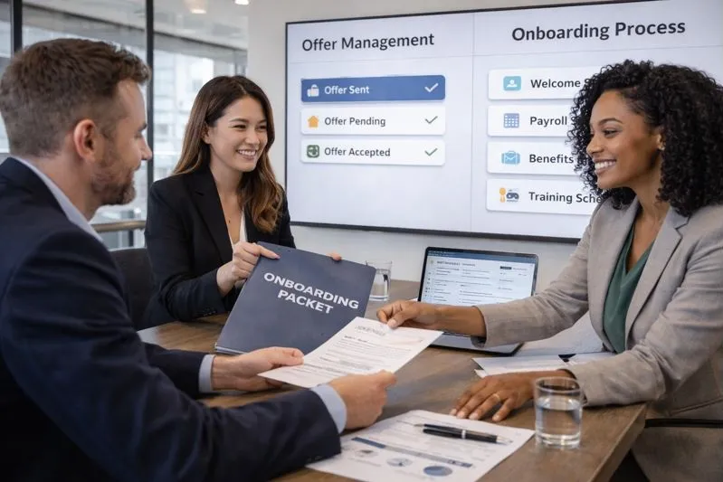 Hiring team managing job offers and onboarding handoffs to ensure smooth candidate transitions with Tier2Tek Staffing