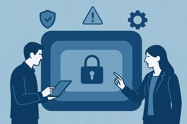 Illustration of layered security with a central padlock surrounded by multiple protective layers and two professionals evaluating the system.