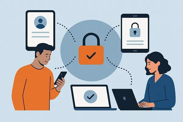 Illustration of two people using personal devices connected to a central security element, representing protected access in a BYOD environment.