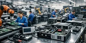 Mechanical engineers and robotic systems assembling and testing electronic hardware in a modern manufacturing facility.