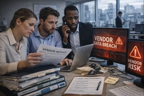 Corporate team reviewing vendor risk reports and responding to a third-party data breach in an office