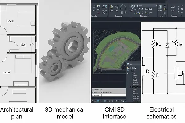 A four panel CAD collage showing an architectural floor plan, a 3D mechanical gear model, a Civil 3D interface with a site plan, and labeled electrical schematics.