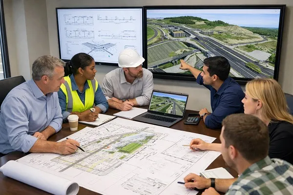 Civil engineers and CAD designers reviewing project plans and civil models during a direct hire staffing collaboration.
