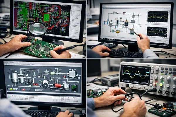 Collage of PCB design, power system modeling, SCADA interface monitoring, and oscilloscope waveform testing.