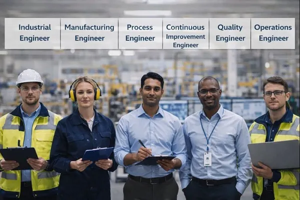 Industrial engineering professionals representing manufacturing, process, quality, and operations roles in a corporate facility