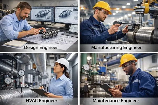 Different types of mechanical engineer professionals including design, manufacturing, HVAC, and maintenance engineers.