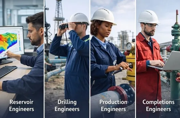 Petroleum engineers performing reservoir, drilling, production, and completions engineering roles
