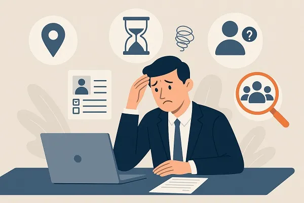A recruiter sitting at a desk looking stressed while reviewing resumes and candidate icons that highlight the difficulty of finding specialized talent.