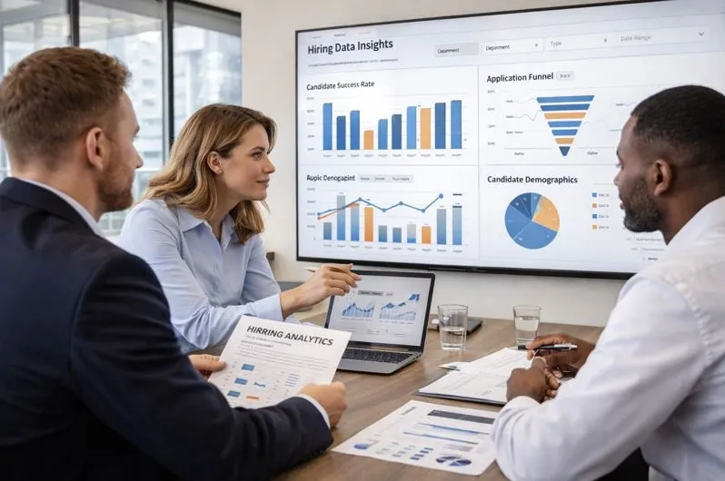 Recruitment leaders analyzing hiring analytics and performance data to guide scalable hiring decisions with Tier2Tek Staffing