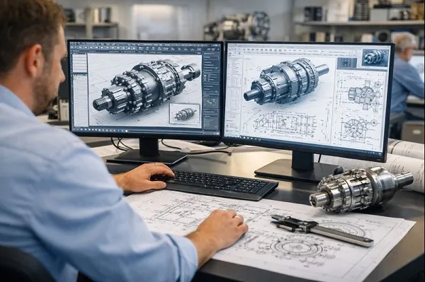 Mechanical engineering CAD models and technical schematics displayed on dual monitors in an engineering office.