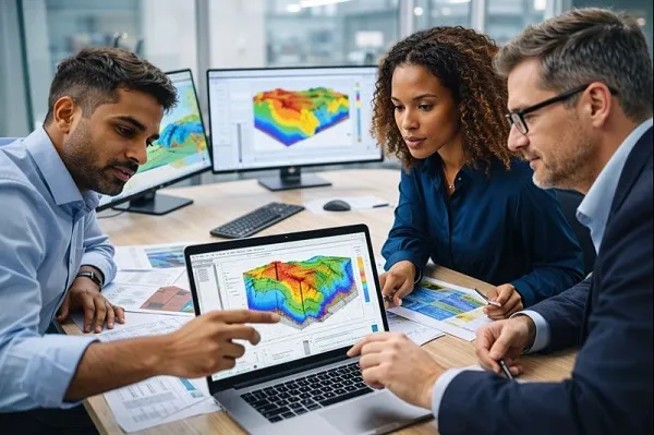 Petroleum engineers reviewing subsurface modeling data during technical planning session