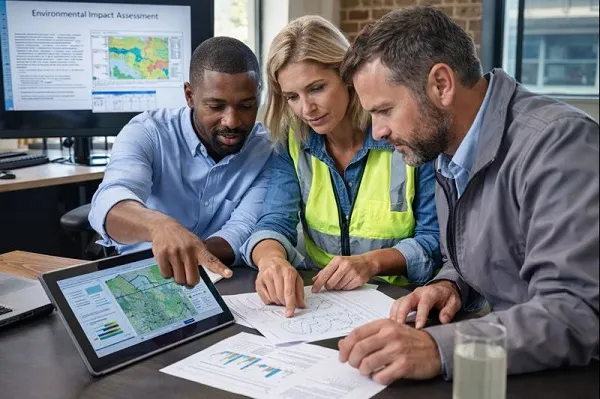 Environmental engineers reviewing environmental impact reports during direct hire staffing collaboration