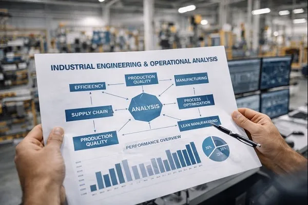 Industrial engineering process flow and operational analysis in a manufacturing facility