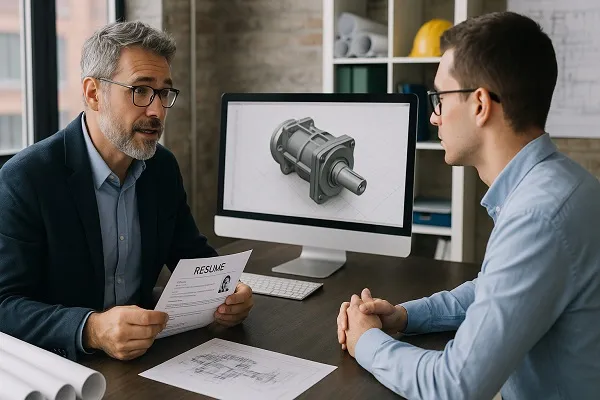 Engineering manager reviewing a candidate’s resume while discussing a CAD project displayed on a computer screen.