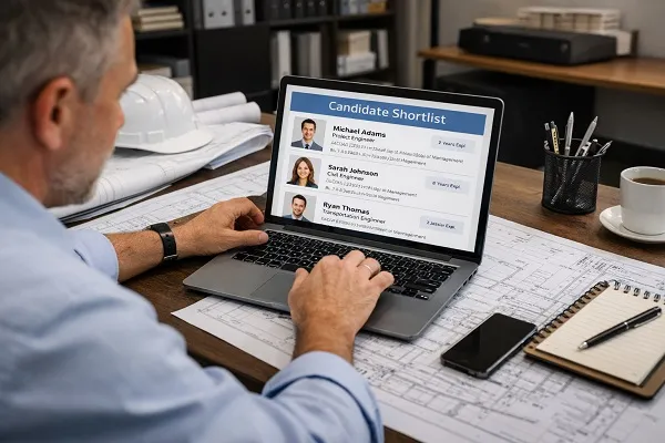 Hiring manager reviewing civil engineer candidate shortlist with Tier2tek Staffing support.