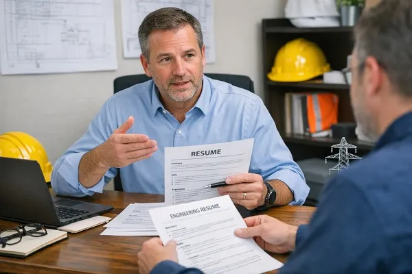 Engineering hiring manager reviewing candidate resumes during a meeting.