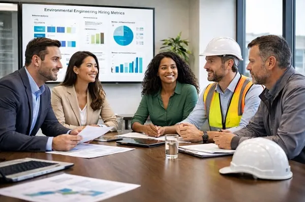 Engineering leaders meeting with recruitment professionals to discuss Environmental Engineer direct hire staffing