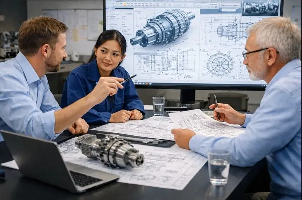 Mechanical engineering team reviewing CAD designs and technical drawings during a project meeting