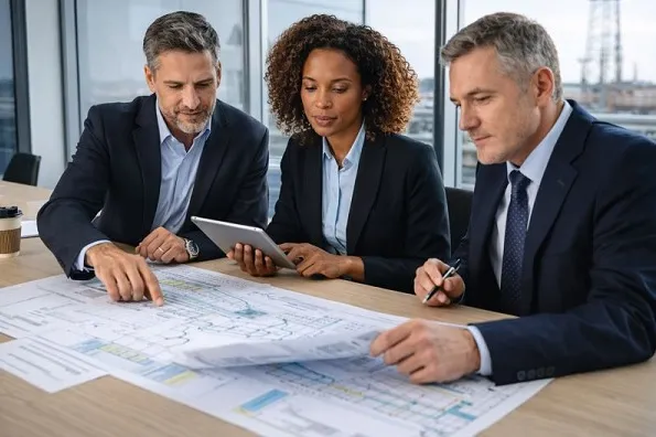 Leadership team reviewing petroleum engineering staffing plans for direct hire recruitment