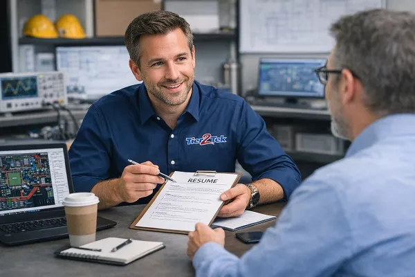 Tier2Tek recruiter meeting with an engineering team lead to review candidate resumes.