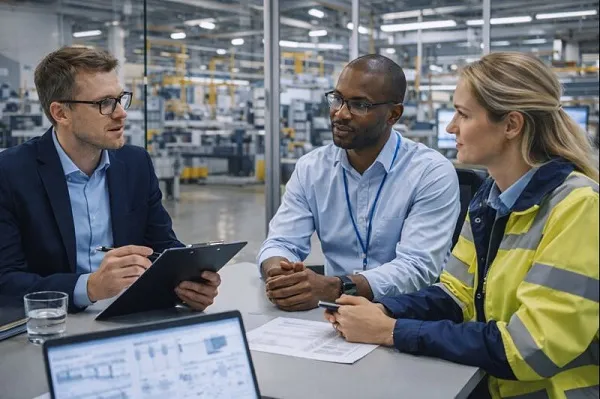 Recruiter consulting with engineering leadership in a manufacturing facility